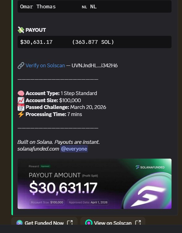 Omar Thomas $30,631 SOLANAFUNDED payout screenshot